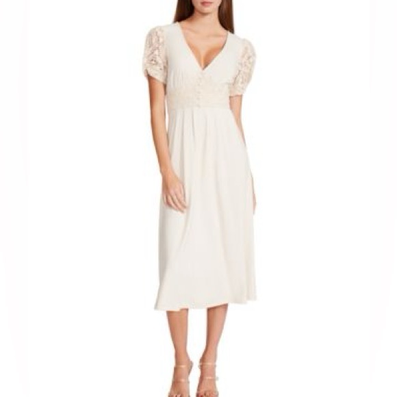 Betsey Johnson Mosaic Lace Puff-Sleeve Midi Dress Crochet Back Cream Sm JL408532 - Picture 2 of 15
